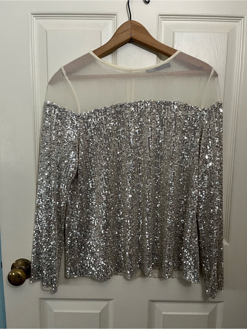 Zara Silver Sequin Long-Sleeve Mesh Yoke Top Size M